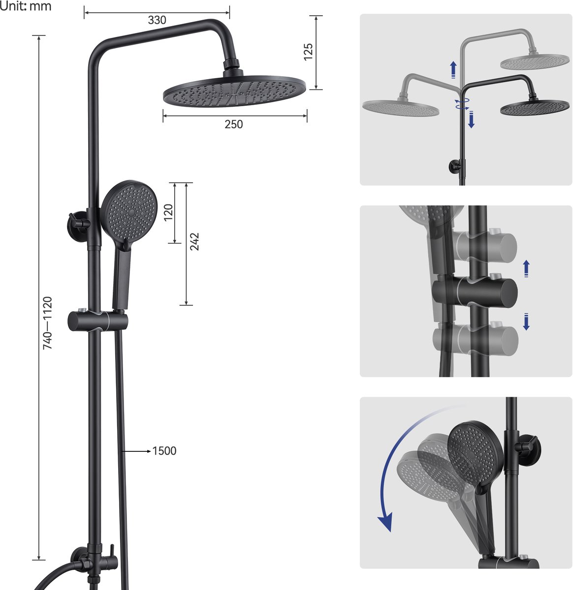 Wat vinden we goed aan de DERW MAX Zwarte Regendoucheset Roestvrijstaal