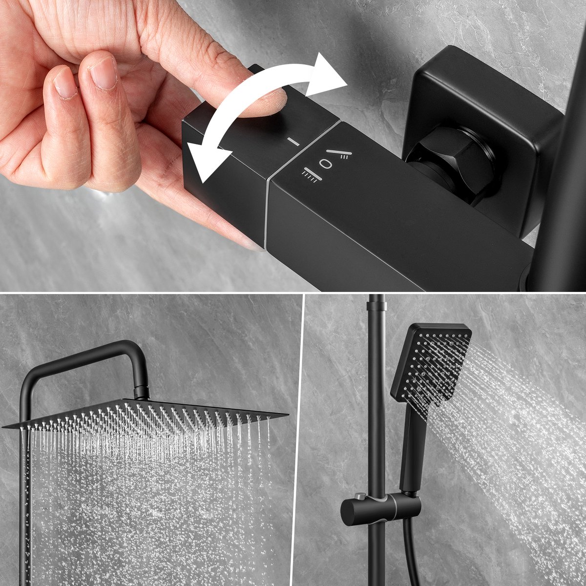 DERW Regendouche Zwart Met Thermostaatkraan 12 inch