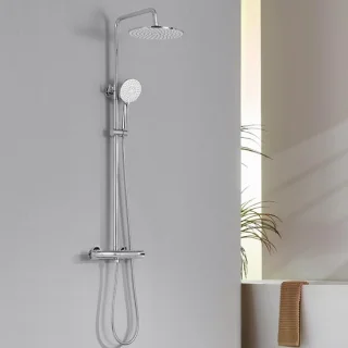 Douche-armatuur, complete set, roestvrijstalen douchesysteem met thermostaatkraan, rond in chroomkleur