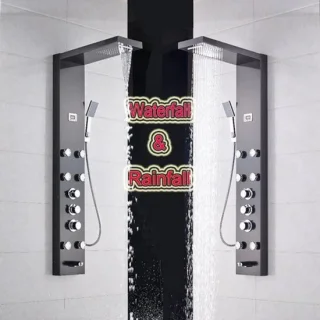 Douche - Regendouche - Douchewand - Douchekolom - Douchepanelen - Brons Douchezuil - Waterval - 6 Massagejets - Thermostatische Regendouche & Handdouche - Zwart