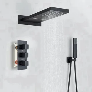 Douche - Regendouche - Douchewand - Douchekolom - Douchepanelen - Waterval & Regendouche Set - Thermostatische Inbouw Douchemengkraan - Matte Zwart