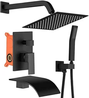Douche systeem set met regendouche en slang, 25x25 cm douchekop, zwart