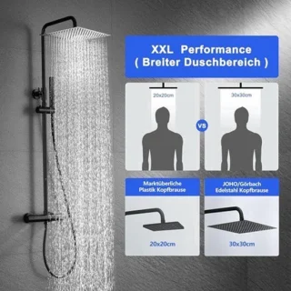 Douchekolom thermostaat met regendouche en vierkante douchekop 30x30 cm, mat zwart