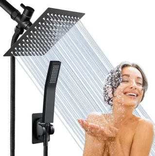 Douchekop set - handdouche - 20cm vierkant - mat zwart