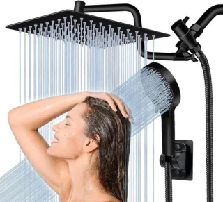 Douchekopset met regendouche en handdouche, Z-vormige verstelbare arm, 20 cm, zwart