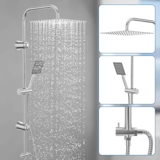 Douchekraan complete set met regendouche, wandmontage, 30x30 cm kop, zilver