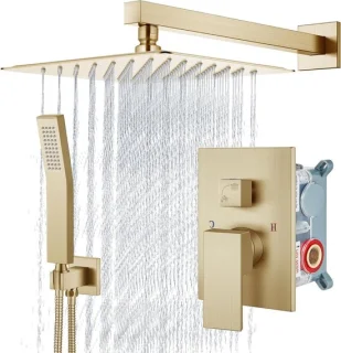 Douchekraan set regendouche 30cm kop geborsteld goud