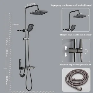 Douchekraan Set - Regendouche Pianotoets - Badkamer Verbouwen - Ruimte Aluminium - Wandmontage 17cm - Gunmetal