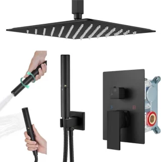 Douchekraan set regendouche systeem 12 inch vierkant mat zwart