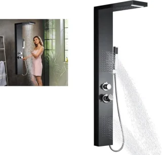 Douchepaneel met regendouche, 115 cm hoog, zwart