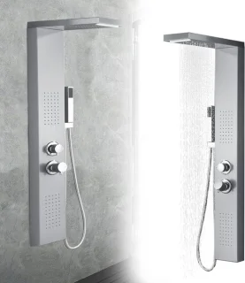 Douchepaneel met regendouche, vier functies, 115 cm hoog, geborsteld zilver