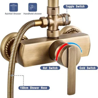 Doucheset antiek messing met regendouche en handdouche