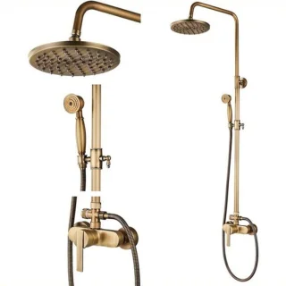 Doucheset antiek messing met regendouche en handdouche