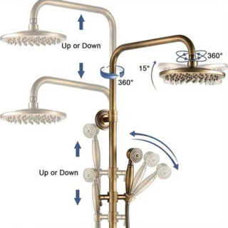 Doucheset antiek messing met regendouche en handdouche