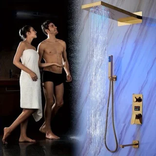 Doucheset – Douche Systeem – Douchekraan – Regendouche – Douchekolom – Thermostatisch Mengventiel – Messing Goudkleurig – LED Temperatuurindicatie