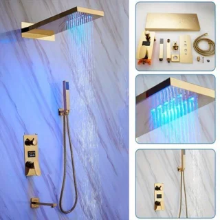 Doucheset – Douche Systeem – Douchekraan – Regendouche – Douchekolom – Thermostatisch Mengventiel – Messing Goudkleurig – LED Temperatuurindicatie