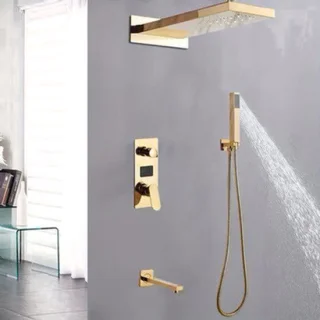 Doucheset – douchesysteem – douchekraan – regendouche – douchekolom – thermostatisch mengventiel – messing goudkleurig