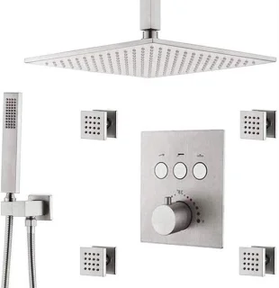 Doucheset Messing - Regendouche Systeem - Badkamer Verbouwen - Thermostatische Kraan - 25 cm Kop - Geborsteld Nikkel