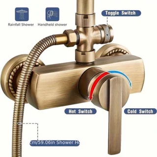 Doucheset met regendouche, handdouche en douchekraan – antiek messing goud