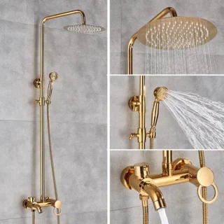 Doucheset met regendouche, handdouche en hoofddouche in goud