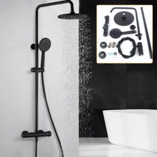 Doucheset met regendouche, handdouche, thermostaatkraan en doucherail, mat zwart, 83-122 cm
