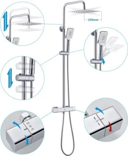 Doucheset met thermostaat, regendouche en handdouche in chroom