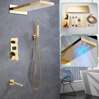 Doucheset met thermostatisch mengventiel, regendouche en LED-indicatie, messing goudkleurig