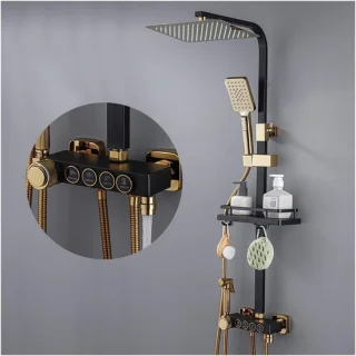 Doucheset thermostatisch regendouche kraan zwart goud