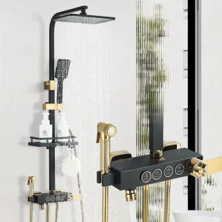 De Doucheset Zwart‑Goud - Douchekolom met Thermostaatkraan in één oogopslag