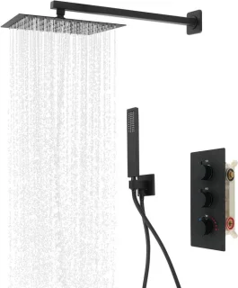 Douchesysteem inbouw met regendouche set, messing met moffellak, 25x25 cm douchekop, zwart