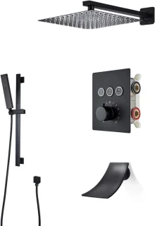 Douchesysteem mat zwart - regendouche set met thermostatische klep - 8 inch