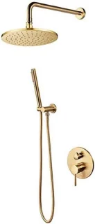 Douchesysteem messing met inbouw douchekraan, 30 cm kop, geborsteld goud