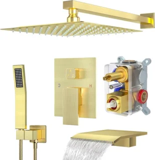 Douchesysteem met badkraan - regendouchekraan set - 30 cm kop - geborsteld goud