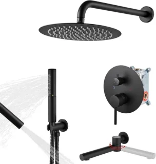 Douchesysteem met baduitloop en regendouche met zwenktuit, 10 inch, mat zwart