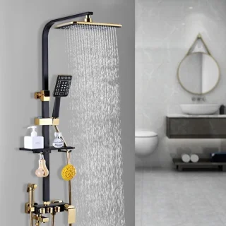 Douchesysteem met hoofddouche douchezuil set zwart goud