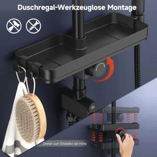 Douchesysteem met plank 30x30 cm, vierkant, zwart