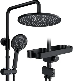 Douchesysteem met plank, regendouche set, 25 cm rond, zwart
