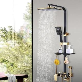 Douchesysteem met regendouche en handdouche zwart-goud