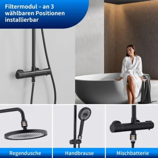 Douchesysteem met regendouche en waterfilter 25 cm zwart