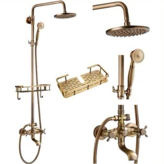 Douchesysteem met regendouche, handdouche en muurkraan, antieke messing afwerking, 8 inch regendouchekop