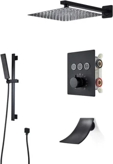 Douchesysteem met regendouche, thermostatische klep, 12 inch, mat zwart