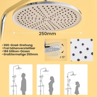 Douchesysteem met Regenhoofddouche - Badkamerset Douche - Verfrissende Douche - Boorvrije Montage - 250 mm Hoofddouche - Chroom