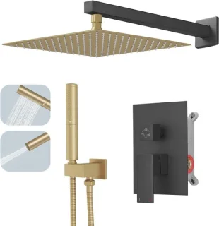 Douchesysteem met schuifstang - regendouche set - 30 cm douchekop - geborsteld goud