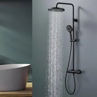 Douchesysteem met thermostaat en regendouche, 25 cm, zwart