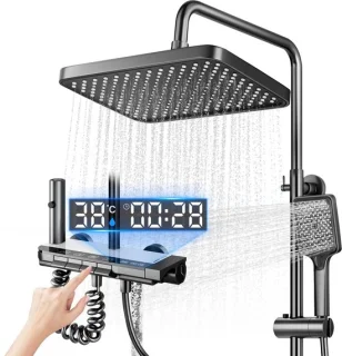 Douchesysteem met thermostaat, regendouche en handdouche – grijs