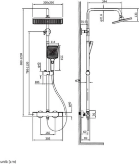 Douchesysteem met thermostaat, zwart, vierkant, 88-125 cm