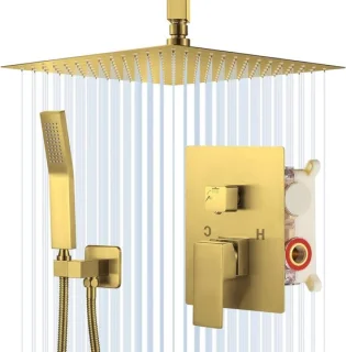 Douchesysteem Regendouche Douchekraanset 12 inch Geborsteld Goud