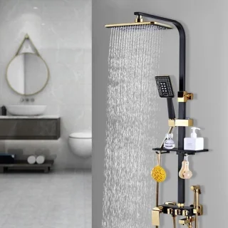 Douchesysteem regendouche set zwart goud 75-120 cm