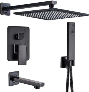 Douchesysteem set regendouche messing 10 inch vierkant zwart