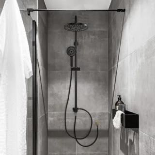 Douchesysteem zwart met regendouche en handdouche, 102-133 cm hoog